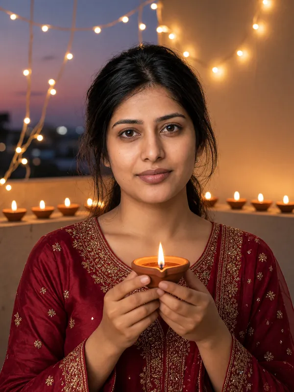 AI Diwali photo example: a woman in a red embroidered kurta holding a lit diya on a balcony with fairy lights at dusk