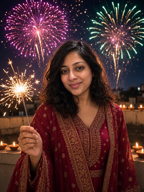 AI Diwali photo example: a woman holding a sparkler on a rooftop with fireworks in the night sky
